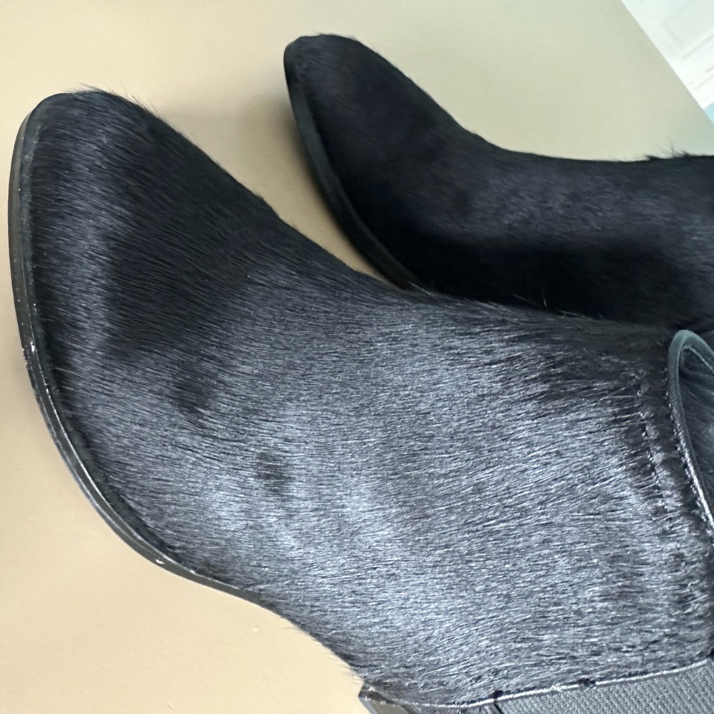 Pony hair and leather ankle boots (1.5” heel), pointy toe